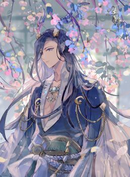 Rule 34 | 1boy, absurdres, arms at sides, blue eyes, blue hair, blue hanfu, blue horns, blue robe, blurry, branch, chinese clothes, clarence clayden, clarence clayden (long night together), closed mouth, collarbone, commentary, crescent, crescent pin, curtained hair, depth of field, dragon boy, dragon horns, ear covers, eastern dragon horns, expressionless, falling petals, flower, green sash, hanfu, highres, horns, jewelry, li ri zhi ze, long hair, long sleeves, looking at viewer, lovebrush chronicles, male focus, mole, mole under eye, necklace, petals, pink flower, plunging neckline, robe, rope belt, sash, sideways glance, solo, swept bangs, symbol-only commentary, upper body, waist sash, wide sleeves