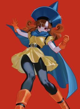 1girl alena_(dq4) belt black_belt black_pantyhose blue_cape blue_hat blunt_bangs boots cape curly_hair dragon_quest dragon_quest_iv dress earrings feet_out_of_frame glint gloves hat highres jewelry long_hair looking_at_viewer okita_(sukult_4) orange_boots orange_gloves orange_hair pantyhose parted_lips red_background red_eyes solo sphere_earrings standing tunic yellow_dress yellow_tunic