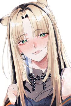 1girl animal_ears aqua_eyes bare_shoulders black_streaks blonde_hair blush breasts chain chain_necklace cleavage closed_mouth commentary_request curtained_hair earrings fang fang_out highres hololive hololive_dev_is jewelry klai koganei_niko koganei_niko_(1st_costume) light_particles long_hair long_sidelocks looking_at_viewer mole mole_on_shoulder multicolored_hair necklace parted_bangs portrait see-through_cleavage see-through_clothes sidelocks signature simple_background skin_fang slit_pupils solo streaked_hair tiger_ears tiger_girl two-tone_hair virtual_youtuber white_background yellow_pupils