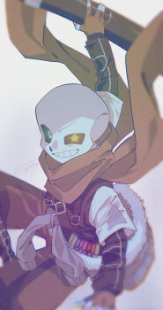 1boy \||/ alternate_universe arm_up blue_eyes blurry brown_gloves brown_scarf brown_shorts chromatic_aberration clothes_around_waist commentary_request cowboy_shot depth_of_field film_grain fingerless_gloves gloves gradient_background grey_background grin heterochromia highres holding inktale jacket jacket_around_waist layered_sleeves long_sleeves looking_at_viewer male_focus mismatched_irises r_ego999 sans_(undertale) scarf short_over_long_sleeves short_sleeves shorts simple_background skeleton smile solo twitter_username undertale uneven_eyes utdr_(toby_fox) yellow_eyes