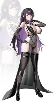 1girl absurdres black_gloves black_hair breasts choker cleavage colored_inner_hair criss-cross_straps dominatrix elbow_gloves full_body gloves goddess_of_victory:_nikke highres huge_breasts hundred0327 large_breasts leather_bikini long_hair looking_at_viewer mihara_(bonding_chain)_(nikke) mihara_(nikke) multicolored_hair official_alternate_costume official_alternate_design pelvic_curtain purple_eyes purple_hair see-through_clothes see-through_pelvic_curtain solo standing thighhighs thighs white_background zoom_layer