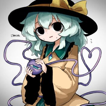 1girl black_eyes black_hat bow buttons collared_shirt diamond_button dot_nose eyeball flying_sweatdrops frilled_shirt_collar frilled_sleeves frills gradient_background green_hair hat hat_bow heart heart_of_string heripantomorrow holding holding_eyeball komeiji_koishi medium_hair nervous raised_inner_eyebrows shirt solo sweat third_eye touhou translation_request upper_body yellow_bow yellow_shirt