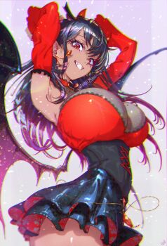 1girl absurdres black_corset black_hair black_skirt breasts corset dark-skinned_female dark_skin demon_wings detached_sleeves fang hair_between_eyes highres large_breasts looking_at_viewer momoyama_tits original red_eyes skirt solo wings