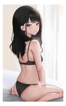 1girl :/ ass backlighting bed_sheet black_bra black_hair black_pantyhose border bra breasts commentary_request highres idolmaster idolmaster_shiny_colors kazano_hiori long_hair looking_at_viewer looking_to_the_side median_furrow mole mole_under_mouth pantyhose shiroes_(jcnj4427) sitting small_breasts solo straight_hair underwear underwear_only wariza white_border