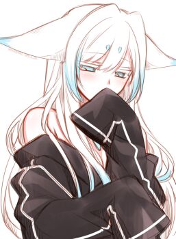 Rule 34 | 1girl, animal ears, blue eyes, blush, breasts, cleavage, commentary request, covering own mouth, ears down, embarrassed, female focus, fox ears, hand up, konshin, long sleeves, looking at viewer, multicolored hair, off shoulder, orie mishiro, original, short eyebrows, simple background, sleeves past fingers, sleeves past wrists, solo, streaked hair, upper body, white background