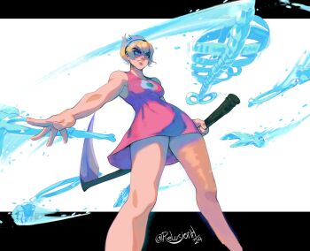 1girl absurdres aged_up black_hairband blonde_hair bone breasts commentary dress english_commentary feet_out_of_frame ghost hairband highres holding holding_scythe holding_weapon mandy_(grim_adventures) medium_breasts partially_shaded_face pink_dress relusionh reverse_grip scythe short_dress short_hair solo spiked_hair the_grim_adventures_of_billy_&amp;_mandy weapon