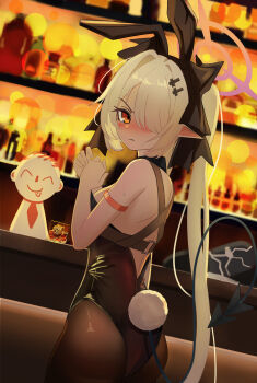 Rule 34 | 1girl, 2boys, absurdres, alternate costume, animal ears, ass, black leotard, black suit (blue archive), blue archive, blush, breasts, commentary request, cross hair ornament, cup, dark-skinned female, dark skin, demon tail, doodle sensei (blue archive), drink, drinking glass, fake animal ears, grey hair, hair ornament, hair over one eye, hair ribbon, halo, highres, ice, ice cube, indoors, iori (blue archive), korean commentary, leotard, long hair, looking at viewer, looking back, multiple boys, pantyhose, playboy bunny, pointy ears, rabbit ears, rabbit tail, red eyes, ribbon, sensei (blue archive), solo, tail, twintails, very long hair, zi0807