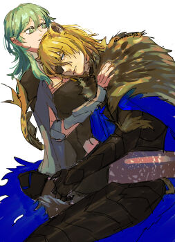 1boy 1girl animal_ears armor ass black_armor blonde_hair blue_cape blue_eyes bodice breasts bustier cape closed_mouth clothing_cutout dimitri_alexandre_blaiddyd dimitri_alexandre_blaiddyd_(blue_lion) dimitri_alexandre_blaiddyd_(blue_lion) dimitri_alexandre_blaiddyd_(timeskip) eyepatch female_byleth_(awakened)_(fire_emblem) female_byleth_(fire_emblem) fire_emblem fire_emblem:_three_houses fire_emblem_shadows fur-trimmed_cape fur_trim green_eyes green_hair hair_between_eyes highres lace_pantyhose lion_boy lion_ears lion_tail long_hair looking_at_viewer medium_breasts medium_hair mozu56 navel navel_cutout nintendo pantyhose pantyhose_under_shorts patterned_legwear shorts simple_background sitting sitting_on_lap sitting_on_person tail vambraces white_background