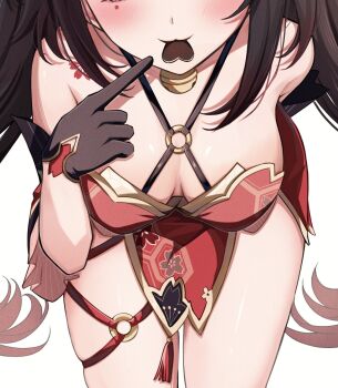 1girl bare_shoulders black_gloves blush breasts breasts_apart brown_hair candy chocolate chocolate_heart closed_mouth commentary_request dress eyes_out_of_frame food food_in_mouth gloves head_out_of_frame heart heart-shaped_food highres honkai:_star_rail honkai_(series) leaning_forward long_hair medium_breasts multicolored_hair o-ring pointing pointing_at_self ranran_3939 red_dress red_hair simple_background solo sparkle_(honkai:_star_rail) twintails very_long_hair white_background