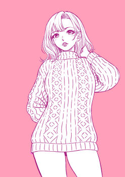 1girl arm_behind_back bakutow2 cable_knit commentary_request contrapposto cowboy_shot dress hand_in_own_hair highres lips long_sleeves looking_at_viewer medium_hair monochrome original parted_lips pink_background ribbed_sweater simple_background solo sweater sweater_dress turtleneck turtleneck_dress turtleneck_sweater