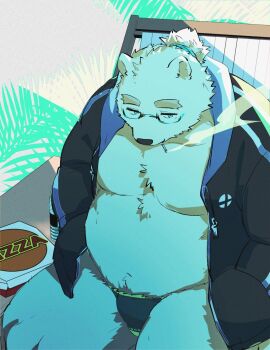 1boy animal_ears bara bare_pectorals bear_boy bear_ears belly bone_color919 chair chest_tuft cigarette fat fat_man food from_above furry furry_male glasses green-framed_eyewear hands_in_pockets highres jacket leib_(housamo) male_focus male_swimwear mature_male on_chair open_clothes open_jacket pectorals pizza protected_link smoke smoke_trail smoking solo swim_briefs thick_eyebrows thick_thighs thighs tokyo_houkago_summoners tsurime