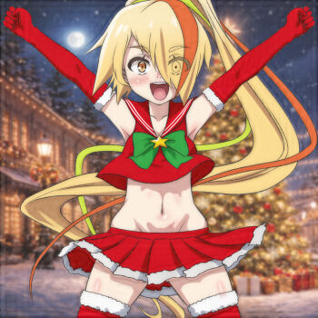 1girl arms_up blonde_hair blush boots bow breasts brooch christmas christmas_lights christmas_ornaments christmas_present christmas_tree collarbone eyes_visible_through_hair full_moon fur-trimmed_boots fur-trimmed_gloves fur-trimmed_skirt fur_trim gift gloves green_bow green_hair hair_over_one_eye house jewelry lamppost long_hair looking_at_viewer midriff moon multicolored_hair navel night night_sky nikaidou_saki open_mouth orange_eyes purple_eyes red_boots red_gloves red_hair red_shirt red_skirt santa_costume school_uniform serafuku shirt skirt sky sleeveless sleeveless_shirt small_breasts smile snow snowing standing star_(sky) star_(symbol) star_brooch starry_sky streaked_hair t_jiroo_(ringofriend) teeth thigh_boots tree wind wind_lift winter zombie_land_saga