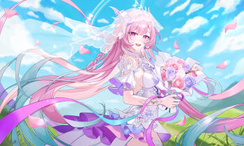 1girl absurdres bare_shoulders blue_hair blue_sky borii bouquet breasts commentary cowboy_shot cyrene_(honkai:_star_rail) cyrene_(ripples_of_past_reverie)_(honkai:_star_rail) day dress flower from_side gradient_hair highres holding holding_bouquet honkai:_star_rail honkai_(series) long_hair looking_at_viewer looking_to_the_side medium_breasts multicolored_hair open_mouth outdoors pink_eyes pink_hair pink_petals sky smile solo symbol-only_commentary veil very_long_hair white_dress white_veil