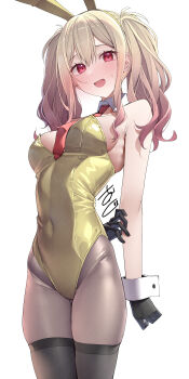 1girl absurdres animal_ear_hairband animal_ears arm_behind_back bare_shoulders black_gloves black_thighhighs blonde_hair blush breasts cowboy_shot detached_collar embarrassed fake_animal_ears flat_color from_below gloves gradient_hair groin hair_between_eyes hairband hand_on_own_arm highleg highleg_leotard highres kawai_ritsu_(rits_meg) leotard long_hair long_sidelocks looking_at_viewer medium_breasts multicolored_hair necktie nose_blush open_mouth pantyhose pink_hair playboy_bunny project_sekai rabbit_ear_hairband rabbit_ears red_eyes red_necktie sidelocks signature simple_background smile solo standing strapless strapless_leotard sweatdrop tenma_saki thighhighs twintails two-tone_hair white_background white_wrist_cuffs wrist_cuffs yellow_hairband yellow_leotard