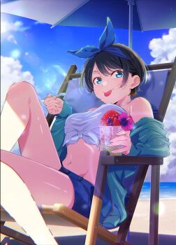 1girl :p bare_shoulders bikini bikini_top_only black_hair blue_eyes blue_jacket blue_ribbon blue_shorts blush chair closed_mouth cloud cup flower food hair_ribbon hibiscus highres holding holding_cup holding_spoon ice_cream_cup ice_cream_spoon jacket kanojo_okarishimasu knee_up light_particles looking_at_viewer lounge_chair nail_polish navel ocean off_shoulder official_art open_clothes open_jacket parasol promotional_art reclining ribbon sarashina_ruka shaved_ice short_hair shorts sky smile solo spoon stomach swimsuit tongue tongue_out umbrella white_bikini white_nails