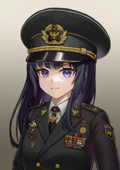 1girl absurdres black_hair black_jacket black_necktie buttons dmitry_yazov double-breasted double-headed_eagle genderswap genderswap_(mtf) hat hearts_of_iron highres huihuang_rongyao jacket long_hair medal military_dress_uniform military_hat military_jacket military_uniform necktie peaked_cap portrait purple_eyes russia shirt shoulder_boards siberian_black_league sidelocks straight_hair the_new_order:_last_days_of_europe white_shirt