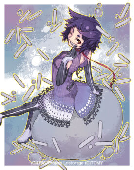 1girl black_gloves black_pantyhose border closed_mouth collar copyright_notice elbow_gloves fangs gloves leash looking_at_viewer official_art pantyhose purple_hair rabies_(wixoss) red_collar red_eyes satoma_makoto smile solo white_border wixoss