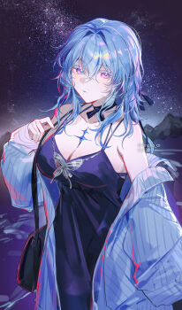 1girl absurdres alternate_costume bare_shoulders black_bag blue_hair blue_jacket breasts cleavage closed_mouth collarbone colored_eyelashes commentary cowboy_shot dress hair_between_eyes highres jacket large_breasts long_hair looking_at_viewer night off_shoulder outdoors purple_dress purple_eyes shibuya_(kurokamishain) shorekeeper_(wuthering_waves) sky solo star_(sky) starry_sky twitter_username wuthering_waves