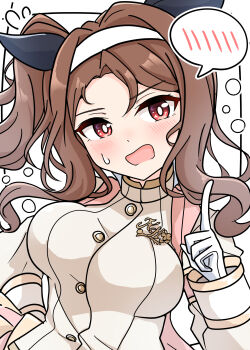 1girl absurdres animal_ears armband arnolddayo blush breasts brown_hair cheerleader ear_covers gloves hairband headband highres horse_ears horse_girl jacket king_halo_(noble_white_cheer_attire)_(umamusume) king_halo_(umamusume) large_breasts long_hair long_sleeves looking_at_viewer official_alternate_costume open_mouth red_eyes solo speech_bubble sweatdrop umamusume upper_body white_gloves white_hairband white_headband white_jacket