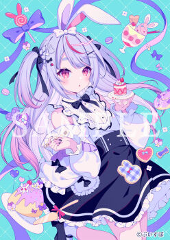 1girl :o animal_ears bare_shoulders black_bow black_bowtie black_shoes black_skirt blue_background blush bow bowtie cake candy commentary_request copyright_notice cowboy_shot detached_sleeves food fork frilled_skirt frills grid_background hair_bow highres holding holding_fork holding_plate lollipop long_hair long_sleeves macaron mary_janes multicolored_hair official_art open_mouth parted_bangs plate pudding purple_bow purple_hair rabbit_ears rabbit_girl red_eyes red_hair sample_watermark shirt shoes skirt sleeveless sleeveless_shirt socks solo streaked_hair tatejima_uri thick_eyebrows tosaki_mimi two_side_up virtual_youtuber vspo! watermark white_bow white_shirt white_sleeves white_socks