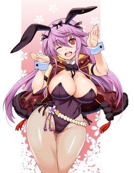 Rule 34 | 1girl, animal ears, blush, breasts, cleavage, curvy, fake animal ears, female focus, fishnet pantyhose, fishnets, floral background, hair between eyes, hood, hoodie, large breasts, long hair, looking at viewer, one eye closed, open mouth, pantyhose, playboy bunny, purple hair, rabbit ears, rabbit girl, rabbit pose, red eyes, sengoku bushouki muramasa, shinozuka atsuto, sleeveless, sleeveless hoodie, smile, solo, toudou takatora (sengoku bushouki muramasa), wide hips, wrist cuffs