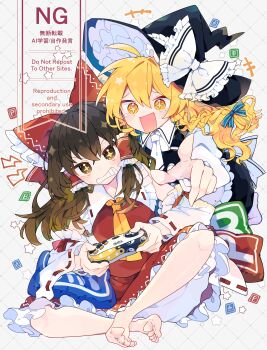 2girls absurdres apron ascot barefoot blonde_hair bomb_item_(touhou) bow braid brown_eyes brown_hair clenched_teeth commentary_request controller cushion detached_sleeves frilled_bow frilled_hair_tubes frills game_controller hair_bow hair_tubes hakurei_reimu hat hat_bow highres holding holding_controller holding_game_controller kirisame_marisa long_hair multiple_girls nikorashi-ka open_mouth playing_games point_item_(touhou) pointing power_item_(touhou) red_bow red_skirt ribbon-trimmed_sleeves ribbon_trim side_braid single_braid sitting skirt skirt_set smile teeth toes touhou white_bow witch_hat yellow_ascot yellow_eyes