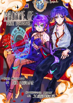 1boy 1girl ahoge alcohol alternate_costume alternate_universe aqua_eyes aqua_hair arm_tattoo artist_name belt black_boots black_choker black_jacket black_nails black_pants black_shoes black_sleeves blunt_ends blush boots bow breast_pocket breasts chain character_name chest_tattoo choker closed_mouth collarbone collared_shirt contemporary couch crescent crescent_tattoo cross-laced_clothes cross-laced_dress cup curtains detached_sleeves dress dress_shirt ear_piercing earrings eyebrow_piercing eyelashes eyeliner eyeshadow face_piercing fake_poster fishnet_pantyhose fishnets flower formal_clothes foxtrot_(foxtrot_xx) fur_shawl genshin_impact glass gold gold_buckle gold_ring gold_shoes hair_between_eyes hair_bow hair_intakes high_heels highres holding holding_cup jacket jewelry lace-up_boots lapels layered_sleeves long_hair long_sleeves looking_at_viewer loose_necktie makeup mirror mitsudomoe_(shape) mona_(genshin_impact) multicolored_hair multiple_rings necktie on_couch open_clothes open_jacket pants pantyhose pentagram piercing pink_lips pocket purple_belt purple_dress purple_eyes purple_hair purple_nails purple_sleeves red_eyeliner red_eyeshadow red_flower red_necktie red_petals ring role_playing roleplay scaramouche_(genshin_impact) shawl shirt shoes short_eyebrows sidelocks sitting small_breasts star_(symbol) star_earrings star_print streaked_hair suit_jacket table tattoo tomoe_(symbol) twintails v-shaped_eyebrows white_shirt white_sleeves wine