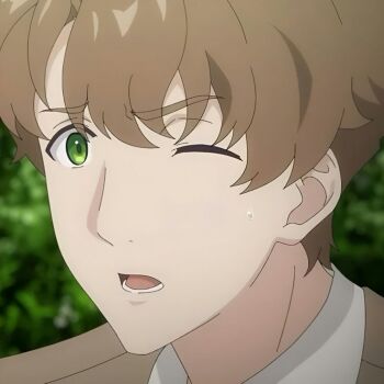 1boy brown_hair closed_eyes green_eyes lazar open_mouth short_hair surprised unnamed_memory upper_body