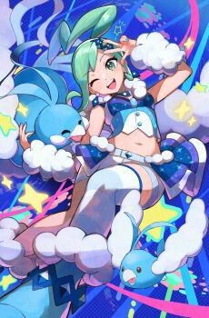 1girl ;d absurdres altaria arm_up arm_warmers blue_boots blue_nails boots commentary crop_top earrings evolutionary_line gen_3_pokemon green_eyes green_hair hair_ornament highres jewelry lisia_(pokemon) long_hair looking_at_viewer midriff nail_polish navel nintendo one_eye_closed open_mouth overskirt pokemon pokemon_(creature) pokemon_oras rainys_bill shorts shorts_under_skirt sidelocks single_thighhigh smile sparkle star_(symbol) stomach striped_clothes striped_thighhighs swablu teeth thighhighs upper_teeth_only w white_shorts