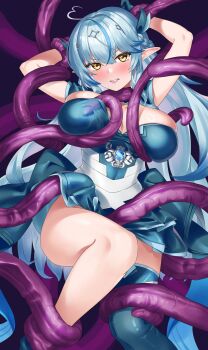 1girl absurdres ahoge arms_behind_head blue_background blue_dress blue_hair blue_thighhighs blush breasts cleavage cowboy_shot dress elf heart heart_ahoge highres hololive large_breasts long_hair multicolored_hair pink_hair pointy_ears restrained simple_background solo tentacles tentacles_under_clothes thighhighs two-tone_hair virtual_youtuber yellow_eyes yukihana_lamy yumemori_jabara