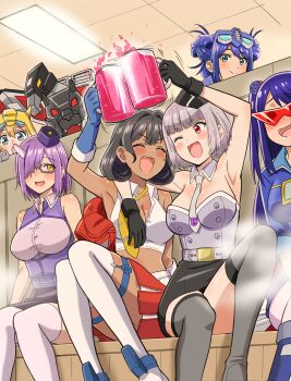 6+girls absurdres arm_around_shoulder beer_mug belt black_gloves black_hair black_hat black_skirt blonde_hair blue_boots blue_eyes blue_gloves blue_hair boots breasts bumblebee_(kotobukiya_bishoujo)_(transformers) bumblebee_(transformers) cleavage closed_eyes closed_mouth collared_shirt commentary_request crop_top cropped_shirt cup curly_hair dark-skinned_female dark_skin decepticon detached_collar double_bun drink drooling drunk elbow_gloves eyewear_on_head fang garter_straps genderswap genderswap_(mtf) glasses gloves grey_hair grey_necktie grey_thighhighs hair_behind_ear hair_bun hair_intakes hair_over_one_eye hairband hat highres holding holding_cup holding_drink hood hood_up humanization indoors komagoma kotobukiya_bishoujo laserbeak long_hair looking_at_another medium_hair megatron megatron_(kotobukiya_bishoujo) midriff miniskirt mug multiple_girls necktie non-humanoid_robot one_eye_closed open_clothes open_mouth open_shirt optimus_prime optimus_prime_(kotobukiya_bishoujo) pantyhose pencil_skirt pink_lips pleated_skirt purple_hair purple_lips purple_shirt purple_skirt purple_thighhighs ravage_(transformers) red-tinted_eyewear red_eyes red_skirt red_vest robot robot_animal robot_bird semi-rimless_eyewear shirt shockwave_(transformers) sitting skirt sleeveless sleeveless_shirt smile soundwave_(transformers) starscream starscream_(kotobukiya_bishoujo) steam strapless strapless_shirt sunglasses sweat thighhighs tinted_eyewear toasting_(gesture) transformers transformers:_generation_1 triangular_eyewear under-rim_eyewear unworn_vest vest white_belt white_pantyhose white_shirt white_thighhighs yellow_eyes