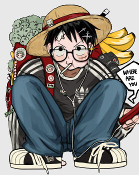 1boy absurdres adidas alternate_costume backpack bag banana black-framed_eyewear black_eyes black_hair blue_pants camera cellphone character_charm charm_(object) commentary crew_neck denim earphones english_text food fruit full_body glasses grey_shirt hair_ornament hairclip hat highres holding holding_phone jeans jjerri00 looking_at_viewer male_focus monkey_d._luffy one_piece pants phone red_bag roronoa_zoro semi-rimless_eyewear shirt shoes simple_background sneakers speech_bubble squatting straw_hat striped_clothes striped_shirt symbol-only_commentary v-shaped_eyebrows vertical-striped_clothes vertical-striped_shirt white_background