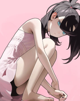 1girl 987645321o bare_arms bare_legs barefoot black_hair black_nails closed_mouth dress expressionless full_body green_eyes highres looking_at_viewer marnie_(pokemon) nintendo pink_background pink_dress pokemon pokemon_swsh simple_background solo squatting thighs twintails