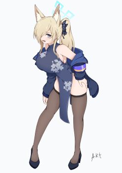 1girl akt_13 animal_ear_fluff animal_ears armband black_thighhighs blonde_hair blue_archive blue_eyes blue_halo blush breasts butterfly_hair_ornament china_dress chinese_clothes commentary_request dog_ears dog_girl dress floral_print floral_print_dress hair_ornament hair_over_one_eye halo hand_on_own_hip high_heels highres jacket kanna_(blue_archive) large_breasts long_hair long_sleeves looking_at_viewer notched_ear open_clothes open_jacket open_mouth pelvic_curtain ponytail print_dress purple_armband sharp_teeth side_slit simple_background sleeveless sleeveless_dress solo teeth thighhighs