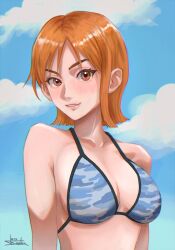 Rule 34 | 1girl, bare shoulders, bikini, bikini top only, blue bikini, blue sky, blush, breasts, brown eyes, camouflage, camouflage bikini, cleavage, cloud, cloudy sky, collarbone, commentary, english commentary, halterneck, highres, jedbanner, light blush, lips, looking at viewer, medium breasts, midriff, nami (one piece), official alternate costume, one piece, orange hair, outdoors, parted lips, short hair, signature, single sidelock, sky, solo, swimsuit, upper body