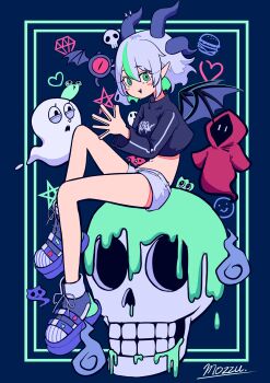 Rule 34 | 1girl, absurdres, apricot the lich, apricot the lich (goth), bat (animal), black sweater, blue background, commentary, cropped sweater, demon girl, demon horns, demon wings, ghost, green eyes, green hair, highres, horn piercing, horns, indie virtual youtuber, mozzu123, multicolored hair, multiple horns, navel, one-eyed, open mouth, pentagram, pointy ears, purple horns, shorts, sitting, skull, slime (substance), streaked hair, sweater, virtual youtuber, vshojo, white shorts, wings