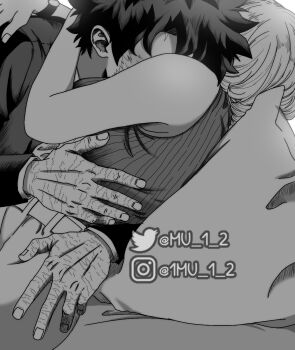 1boy 1girl boku_no_hero_academia breasts commentary english_commentary facial_scar greyscale hetero highres hug instagram_username jacket large_breasts midoriya_izuku monochrome mu_1_2 ribbed_shirt scar scar_on_cheek scar_on_face scar_on_hand shirt skirt sleeveless sleeveless_shirt twitter_username uraraka_ochako watermark