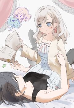 &gt;_&lt; 2girls :t black_hair black_tank_top blue_eyes breasts ceras_yanagida_lilienfeld ceras_yanagida_lilienfeld_(summer_loungewear) chibi chibi_inset churhami closed_mouth collarbone dress edel_note frilled_dress frills girl_on_top grey_hair hair_ornament hair_ribbon highres holding holding_notebook jacket katsuragi_izumi katsuragi_izumi_(summer_loungewear) link!_like!_love_live! long_hair long_sleeves looking_at_another love_live! lying medium_breasts multiple_girls notebook official_alternate_costume on_back open_clothes open_jacket pink_ribbon pout ribbon sitting sitting_on_person sleeveless sleeveless_dress straddling tank_top triangle_hair_ornament virtual_youtuber wavy_hair white_dress yellow_jacket yuri