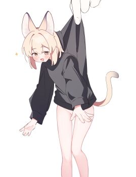 1girl 1other :d absurdres animal_ears black_hoodie blonde_hair blush brown_eyes commentary_request convenient_hand feet_out_of_frame groin hair_between_eyes highres hood hood_down hoodie lifting_person long_sleeves mini_person minigirl no_panties open_mouth original out_of_frame puffy_long_sleeves puffy_sleeves riya_(01214) simple_background smile solo_focus sparkle tail white_background