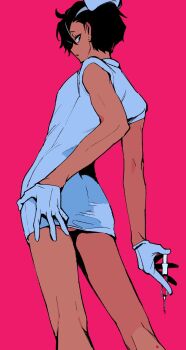ass ass_focus bishounen black_hair crossdressing dark-skinned_female dark_skin dress earrings fucafucamold gloves hair_over_one_eye hand_on_own_ass hat highres holding holding_syringe jewelry looking_back looking_to_the_side multiple_others nurse_cap original pink_background short_hair simple_background syringe white_dress white_gloves