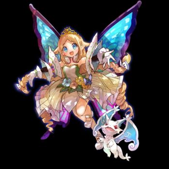 Rule 34 | 1girl, :d, black background, blonde hair, blue eyes, blush, braid, breasts, detached sleeves, dragon, dress, drill hair, flipped hair, full body, gloves, insect wings, long hair, mary janes, medium breasts, merc storia, merc storia art team, official art, open hands, open mouth, outstretched arms, parted bangs, sarodia (merc storia), shoes, sidelocks, simple background, small dragon, smile, solo, spread arms, standing, strapless, strapless dress, tachi-e, very long hair, white dragon, white gloves, white shoes, wings