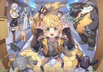 absurdres animal_ear_fluff animal_ears belle_(zenless_zone_zero) bird black_bird black_hair bow colored_inner_hair furry furry_male high-waist_shorts highres jacket ju_fufu monmo_mu multicolored_hair pan_yinhu panda_boy shorts single_thighhigh tail tail_bow tail_ornament thigh_strap thighhighs tiger_ears tiger_girl tiger_stripes tiger_tail white_hair wise_(zenless_zone_zero) yellow_jacket yixuan_(zenless_zone_zero) zenless_zone_zero