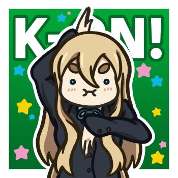 1girl arm_up blonde_hair border breasts buttons copyright_name gradient_background green_background hair_between_eyes highres k-on! kotobuki_tsumugi long_hair long_sleeves looking_at_viewer o_o outline puffy_cheeks sakuragaoka_high_school_uniform school_uniform short_eyebrows sidelocks solo star_(symbol) thick_eyebrows white_border white_outline yeyasanic