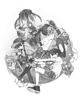 3boys 4girls :3 :d arven_(pokemon) braid character_backpack clavell_(pokemon) dark-skinned_female dark_skin eevee fangs florian_(pokemon) freckles fuecoco full_body geeta_(pokemon) gen_1_pokemon greyscale hat highres hood hoodie juliana_(pokemon) kneehighs looking_at_another looking_at_viewer mabosstiff monochrome multiple_boys multiple_girls necktie nemona_(pokemon) nintendo open_mouth penny_(pokemon) pokemon pokemon_(creature) pokemon_sv ponytail quaxly see-through_clothes see-through_skirt shorts side_braid simple_background skirt smile socks sprigatito striped_clothes striped_shorts tan_carbonnn vest white_background