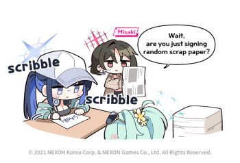 3girls aqua_hair bikini black_bikini blue_archive blue_hair blue_halo breast_rest breasts character_name chibi cleavage closed_mouth commentary donmin_h earrings english_commentary english_text eyewear_on_head frown halo hat headphones headphones_around_neck hiyori_(blue_archive) hiyori_(swimsuit)_(blue_archive) holding jewelry large_breasts long_sleeves misaki_(blue_archive) misaki_(swimsuit)_(blue_archive) multicolored_hair multiple_girls no_nose official_art paper_stack ponytail saori_(blue_archive) saori_(swimsuit)_(blue_archive) sunglasses sweat swimsuit two-tone_hair white_hat