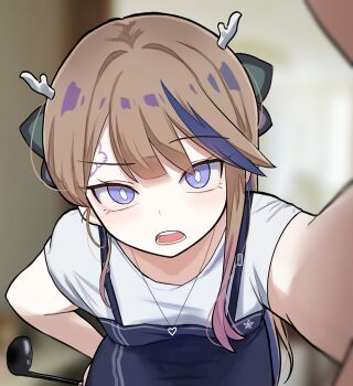 1girl airi_kanna antlers apron blue_apron blue_eyes blurry blurry_background blush bright_pupils brown_hair collar commentary_request dragon_girl dragon_horns forehead_tattoo foreshortening gradient_hair hand_on_own_hip heart_collar highres holding holding_spoon horns korean_commentary multicolored_hair seongda shirt short_sleeves slit_pupils small_horns spoon stellive streaked_hair tattoo teeth virtual_youtuber white_shirt