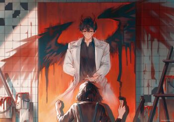 1boy 1girl absurdres arm_behind_back black_eyes black_hair black_shirt black_wings bob_cut broken_wall bucket clenched_hand coat collared_shirt colored_veins commentary demon_horns easel fading feathered_wings from_behind hair_between_eyes han_sooyoung highres holding holding_brush horns kim_dokja offering_hand official_alternate_costume omniscient_reader's_viewpoint open_clothes open_coat paint_can paint_splatter painting_(action) painting_(object) papercider shirt short_hair sidelighting smile suspenders symbol-only_commentary tile_wall tiles white_coat wings