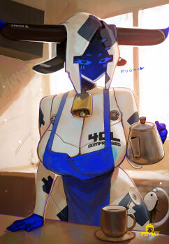 1girl animal_ears animal_print apron areola_slip artist_logo artist_name bell blue_apron blush body_writing breasts cleavage coffee colored_skin cow_ears cow_girl cow_horns cow_print cow_tail cowbell cowboy_shot cup ear_tag english_text hand_on_table heart highres holding holding_kettle horns huge_breasts indoors kettle logo looking_at_viewer middle_part naked_apron original psyk323 robot_girl solo standing sunlight tail thighs white_skin window