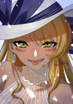 1girl absurdres bare_shoulders blonde_hair body_markings breasts chin_piercing dark-skinned_female dark_skin dragon_girl dragon_horns dress earrings face_piercing facial_mark fate/grand_order fate_(series) grin hair_between_eyes hat highres horns jewelry large_breasts lip_piercing long_hair looking_at_viewer neck_ring open_mouth piercing ringo2156 sharp_teeth side_labret_piercing simple_background smile solo sun_hat swept_bangs teeth tongue tongue_out upper_body vritra_(among_the_nymphaea)_(fate) vritra_(fate) white_background white_dress white_hat yellow_eyes