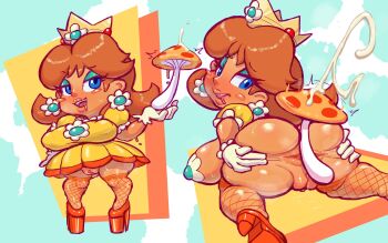 1girl anus ass between_buttocks blue_eyes bottomless breasts brown_hair crown cum dark-skinned_female dark_skin dress earrings ejaculation eyeshadow fishnet_thighhighs fishnets gloves highres jewelry large_breasts makeup mario_(series) multiple_views mushroom nintendo pasties princess_daisy pussy shiny_skin shortstack skitterleaf spread_anus spread_ass super_mario_land thick_thighs thighhighs thighs